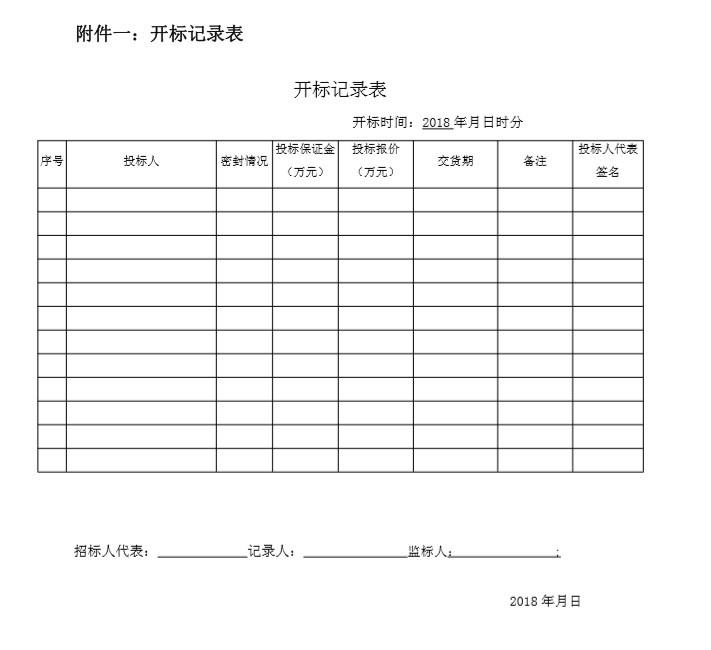 水库工程电站机电设备采购招标文件-3、开标记录表