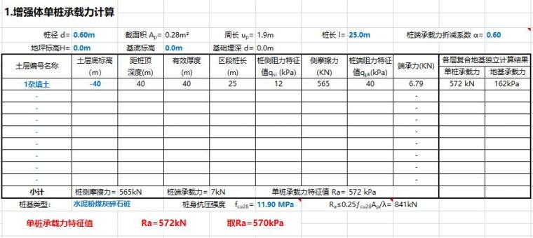 CFG桩复合地基承载力及变形计算表-增强体单桩承载力计算