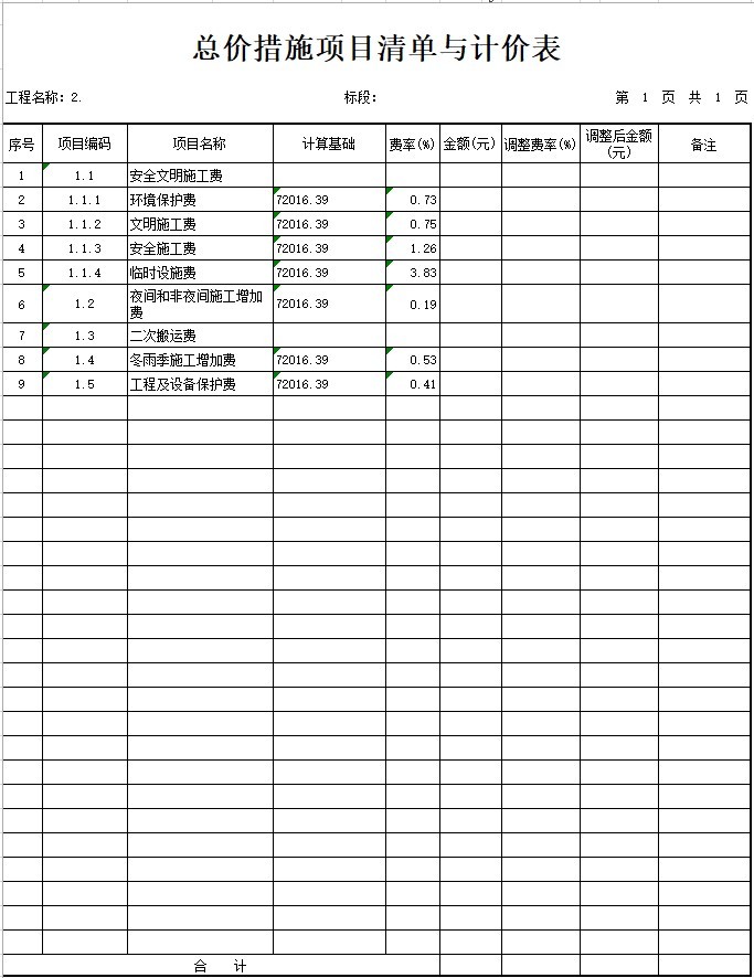 小学教学综合楼建设项目（安装）工程量清单-2、总价措施项目清单与计价表