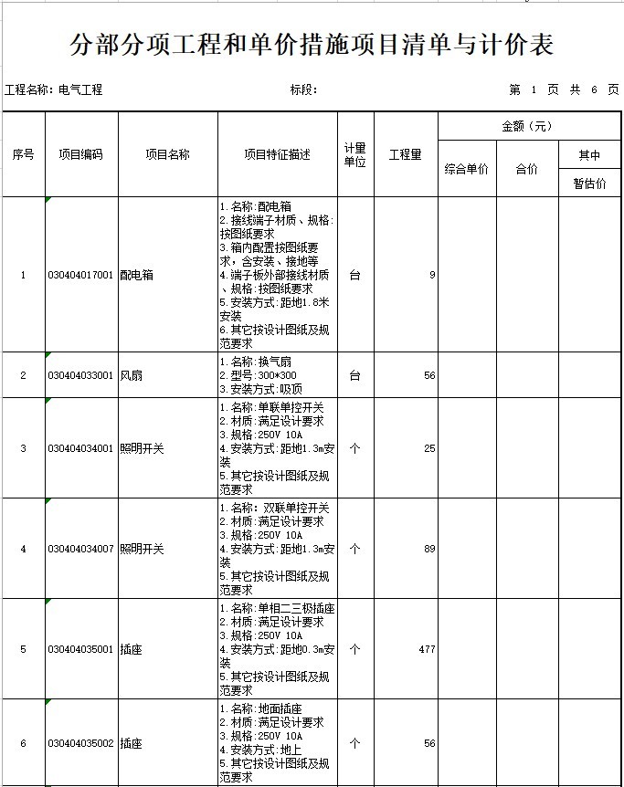 办公楼工程量附带图纸资料下载-办公楼建设项目电气工程量清单