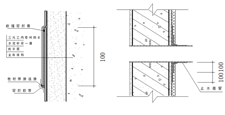 剪力墙结构防渗漏专项施工方案-墙面自粘防水卷材接头构造示意图