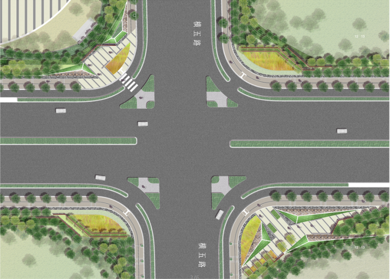 道路表现cad资料下载-道路入口、十字路口、标准段PSD彩色总平面