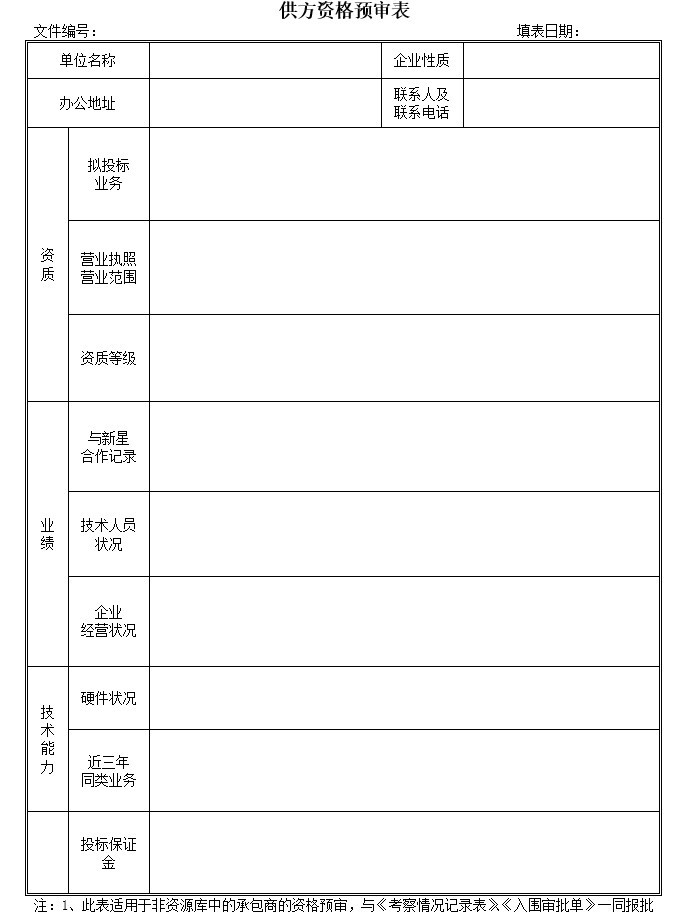 招投标用表格模板(doc格式)-3、供方资格预审表