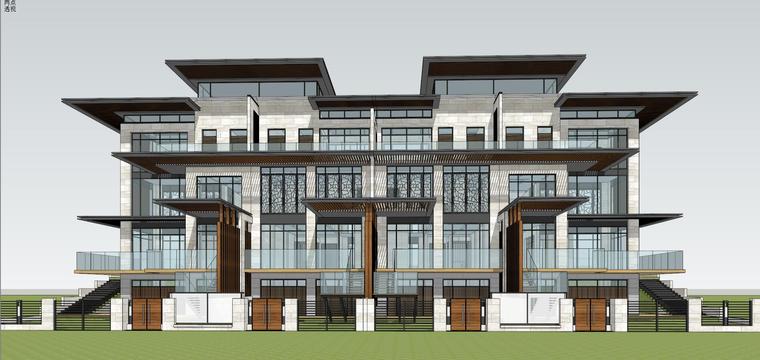 新中式风联排别墅su建筑设计-sketchup模型-筑龙渲染表现论坛