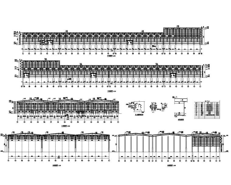 多跨钢结构厂房结构施工图（CAD）-结构剖面图