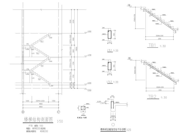 农村自建房三层独栋别墅建筑设计施工图-楼梯结构剖面图