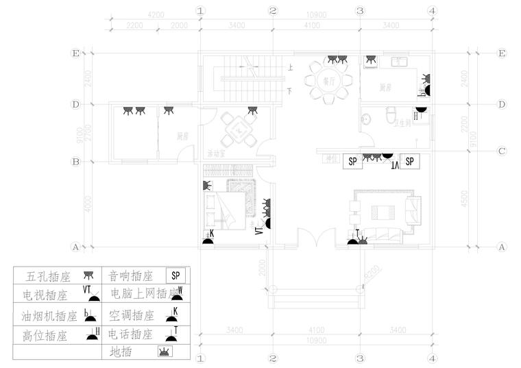 ​104㎡占地农村自建房二层独栋别墅施工图-一层插座布置图