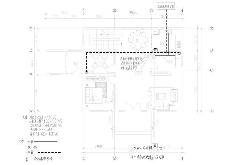 ​104㎡占地农村自建房二层独栋别墅施工图-一层水管布置图