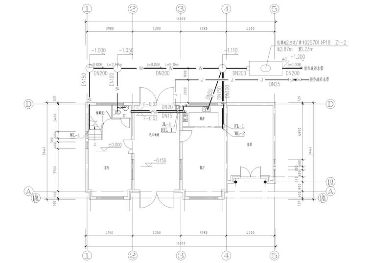 [浙江]桃渚私人别墅住宅建筑设计施工图-一层给排水平面图