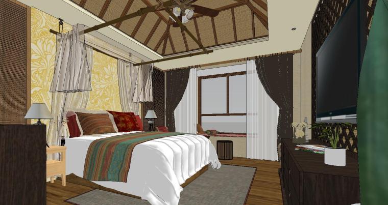 酒店客房标准3d模型资料下载-东南亚风格酒店标准客房SU模型