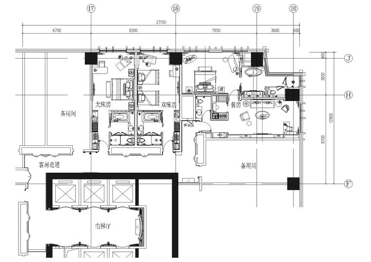 [山东]烟台五星商务酒店客房样板房施工图-客房样板间区域家具平面布置图