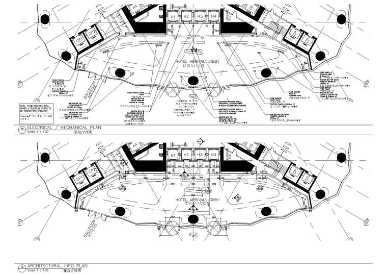 [广州]商务酒店全套室内设计施工图+实景图-一层建筑资料，机电布置图