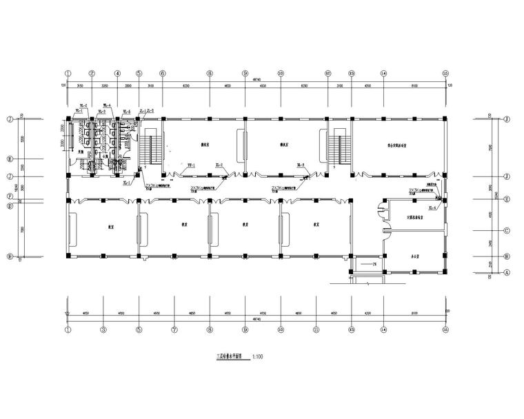 苏留庄镇后屯中心小学综合楼给排水施工图-三层给排水平面图