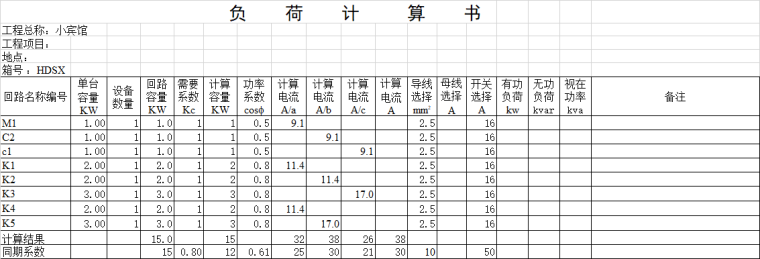 电气常用计算EXCEL表格汇总-配电箱负荷计算书