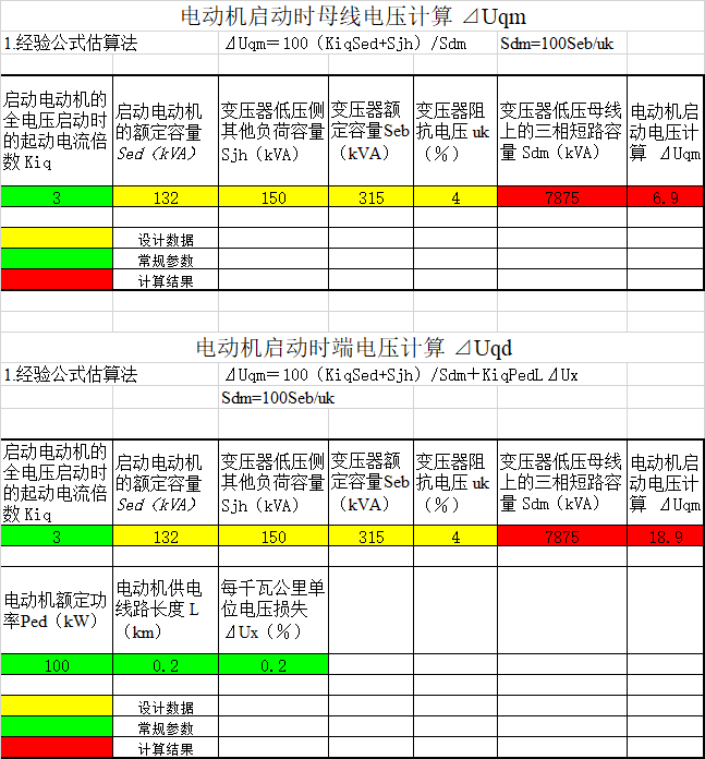 电气常用计算EXCEL表格汇总-电动机启动压降