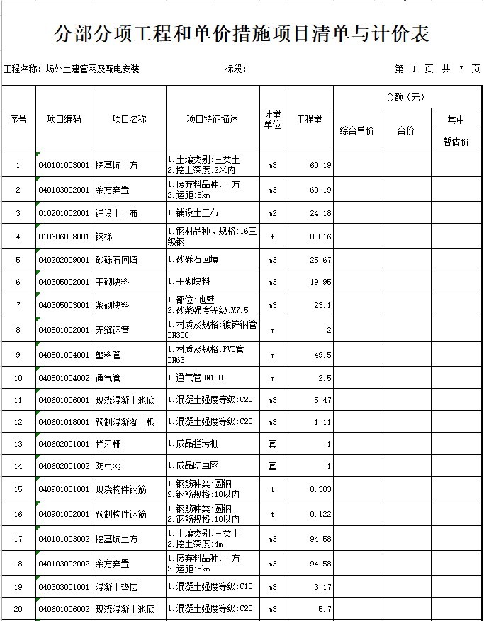 工程量清单及分部分项工程资料下载-养殖场场外土建管网及配电安装工程量清单