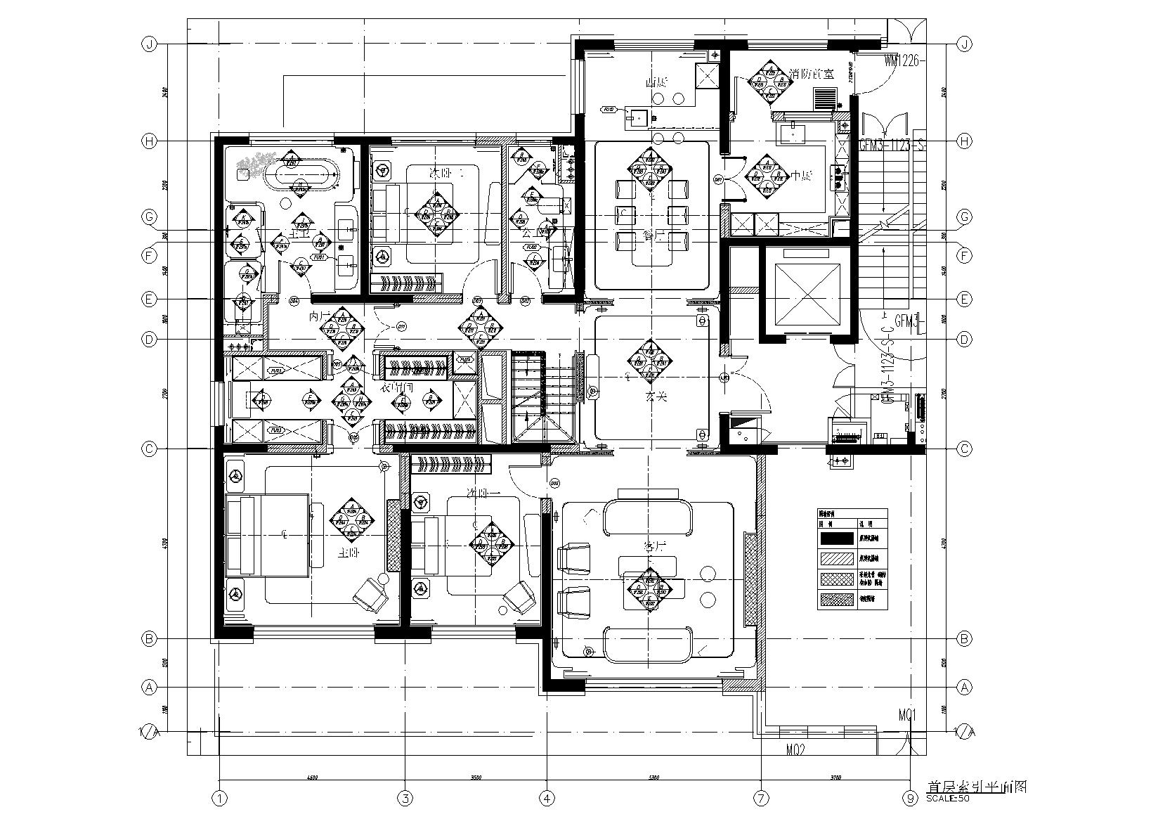 [北京]现代四居室跃层豪宅样板间施工图-一层立面索引图