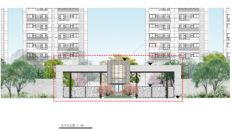 [广东]意趣岭南特色风格居住区景观设计方案-次入口立面图