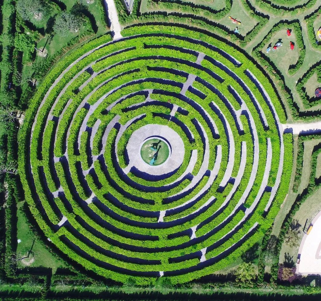 从空中鸟瞰,仿佛一只巨大的麋鹿昂首阔步 行走在绿野之中 植物迷宫内