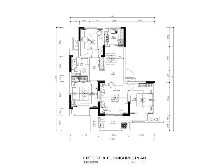 现代客厅效果图施工图资料下载-85平现代风格两居室样板间施工图_效果图
