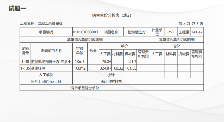 2019二造《计量与计价实务》模拟试题及答案-综合单价分析表