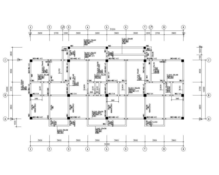 五层框架结构商住楼结构施工图（CAD）-结构配筋图