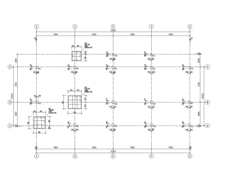 五层框架结构商住楼结构施工图（CAD）-结构柱布置图