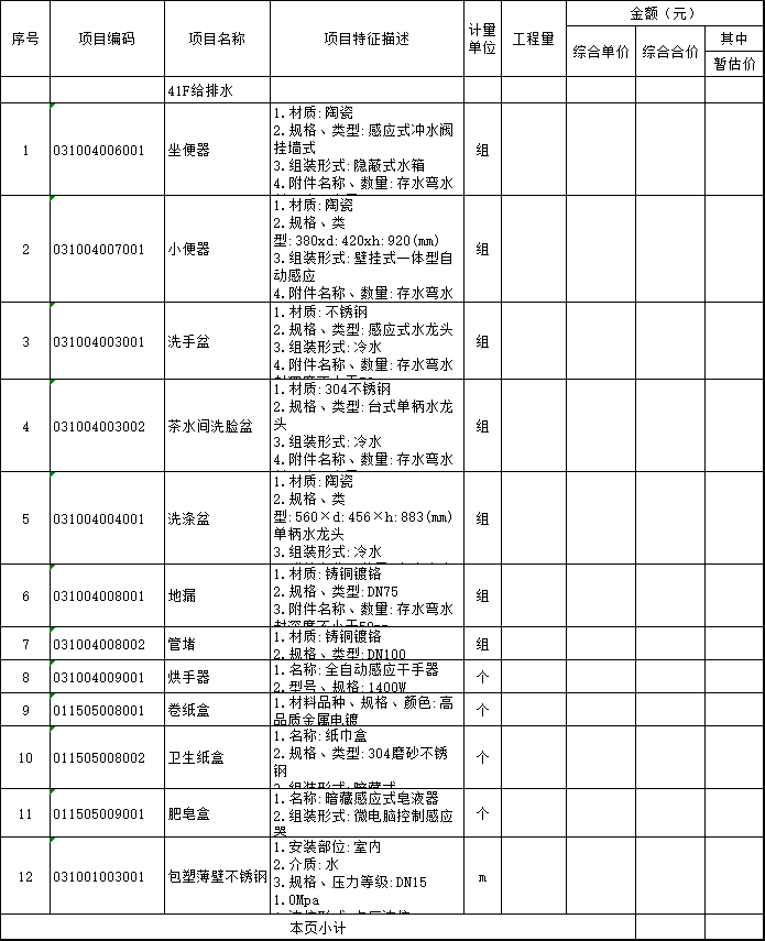 广州证券大厦内装工程清单编制实例-给排水分部分项工程和单价措施项目清单与计价表