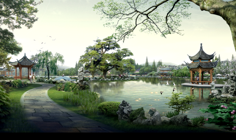 中式古典园林效果图资料下载-古典园林效果图PS素材100套（49~63）