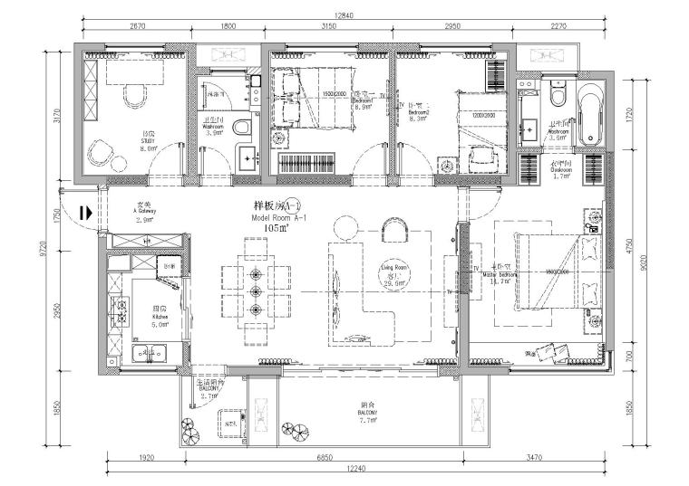 105平方米3居室资料下载-[贵州]宝能105㎡三居室样板间设计施工图