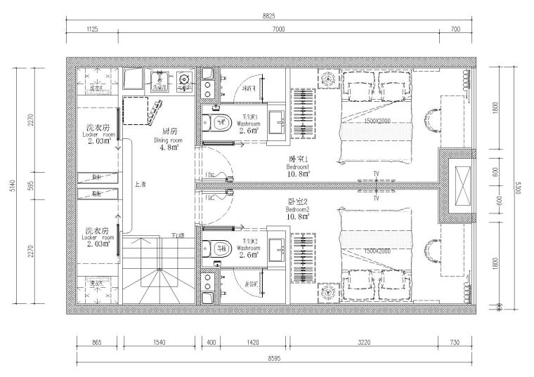 [贵州]53㎡二层四户loft公寓样板间施工图-二层平面布置图
