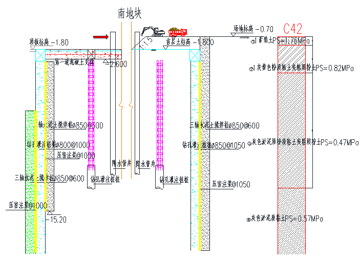 钻孔灌注桩+三轴搅拌桩止水帷幕施工方案-土方开挖工况图