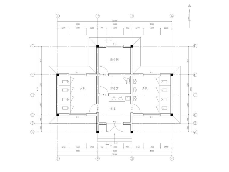 48套公厕建筑施工图设计_CAD-长12米宽9米单层服务区公厕建筑结构施工图 一层平面图