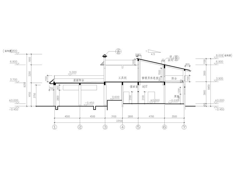 48套公厕建筑施工图设计_CAD-长23.1米宽10.6米2层380平米框架结构市公厕及垃圾站建施 1-1剖面图