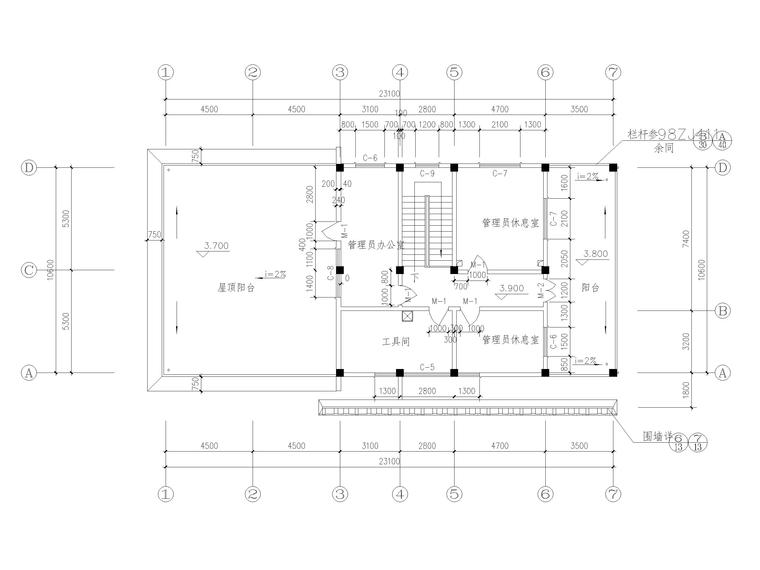 48套公厕建筑施工图设计_CAD-长23.1米宽10.6米2层380平米框架结构市公厕及垃圾站建施 二层平面图