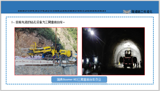 临建和隧道工程现场施工标准化作业图集-瑞典Boomer XE3三臂凿岩台车作业