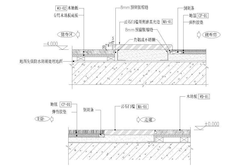 580套材料接口，线条天花大样，门表等节点-地毯到云石到木拼接节点图