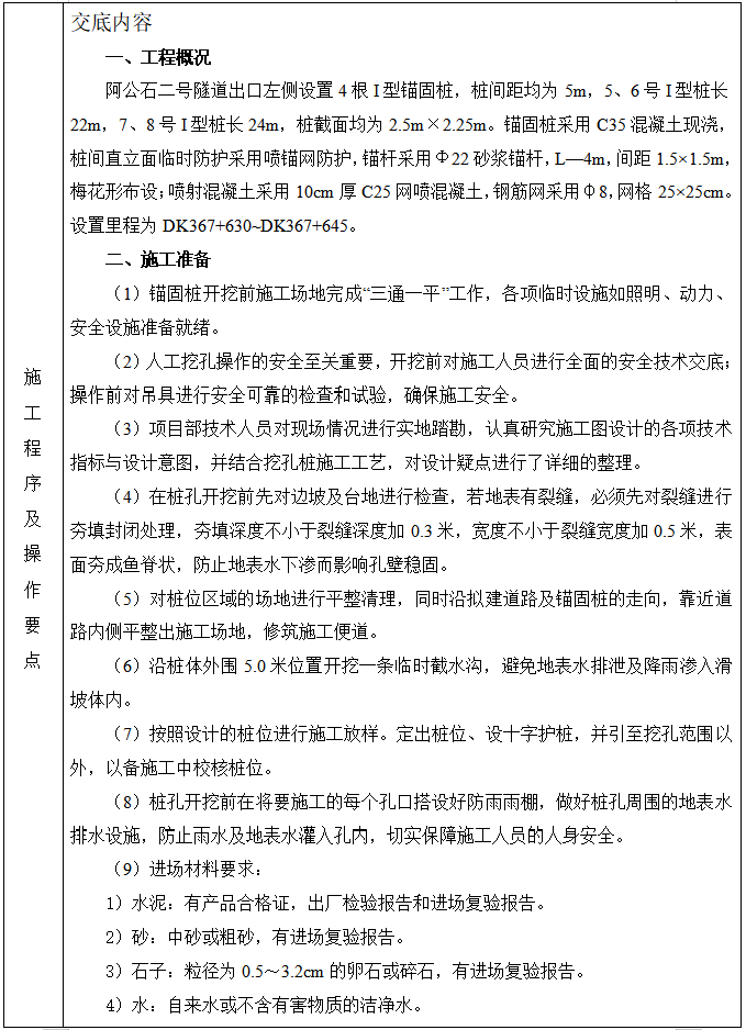 隧道人工施工资料下载-隧道出口锚固桩人工挖孔技术交底