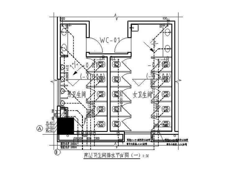 某学院综合实训楼卫生间大样图CAD-首层卫生间排水平面图（一）