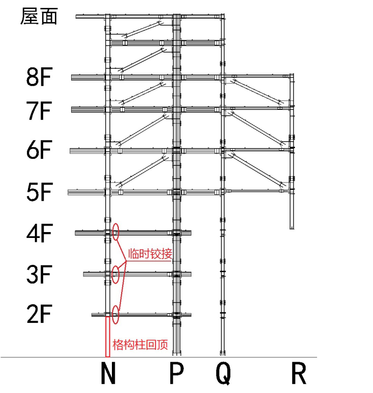 [武汉]缓冲区地上钢结构施工方案（2016年）-91N-R8-9轴钢骨架立面图