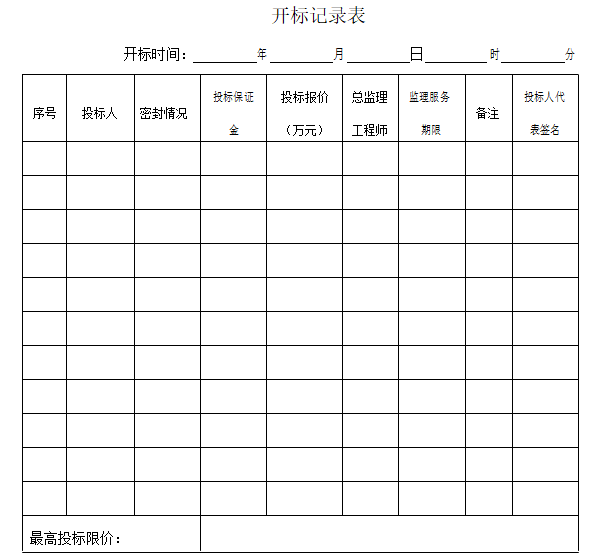中华人民共和国标准监理招标文件(145页)-开标记录表