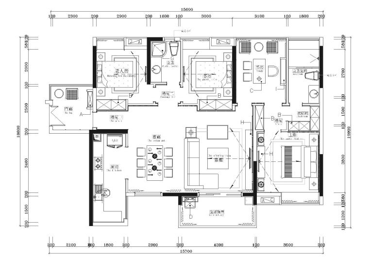 室内平层图纸资料下载-[湖南]​138㎡三居室现代平层样板间施工图