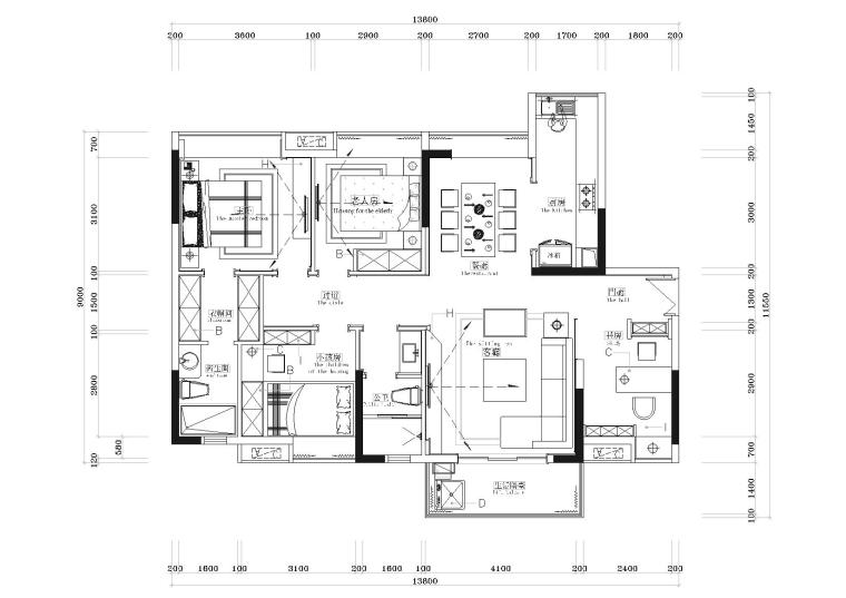 室内平层图纸资料下载-[湖南]​120㎡三居室现代平层样板间施工图