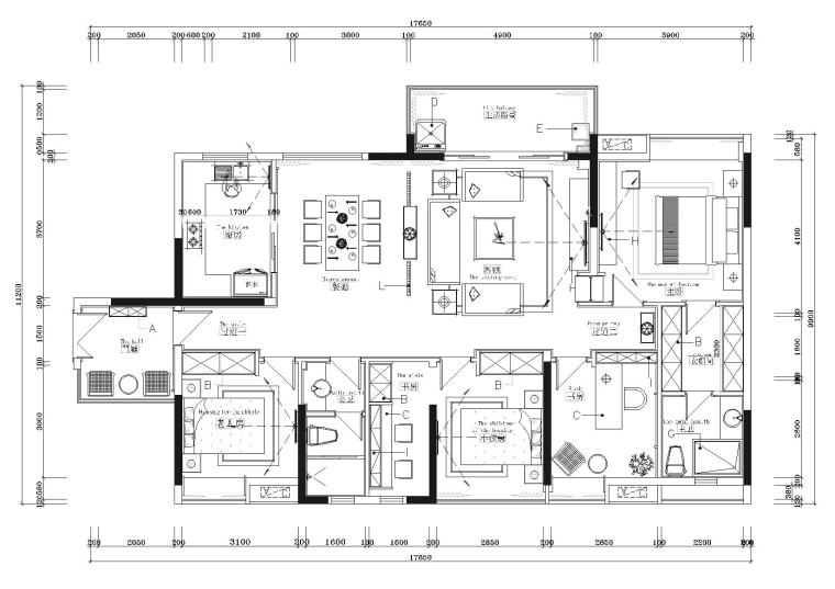 室内平层图纸资料下载-[湖南]​160㎡三居室现代平层样板间施工图