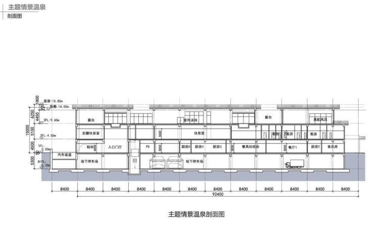 [江苏]南京现代风格住宅+别墅建筑方案-主题情景温泉剖面图
