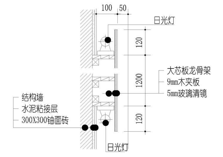 不锈钢玻璃，洗手盆浴缸，墙面镜子节点详图-墙面镜子暗藏灯节点图