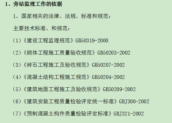 主要分项工程的监理控制措施及旁站要点-旁站监理工作的依据