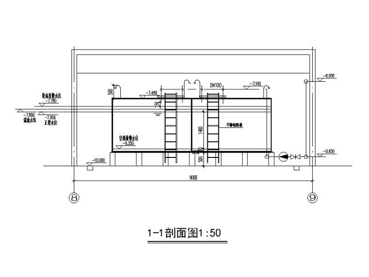 给水泵房_中水泵房详图CAD版本-1-1剖面1