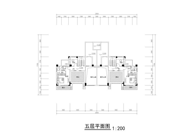 三面宽150㎡叠拼别墅方案图（CAD）-五层平面图