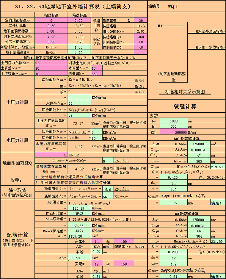 小区地下库cad资料下载-地库地下室外墙计算表excel（上端简支）